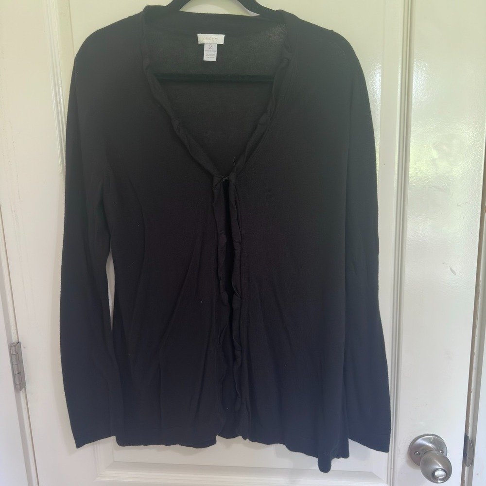 Chico's Size 2 Black Ruffle Front Cardigan Hook Closure Long Sleeve Women's L XL